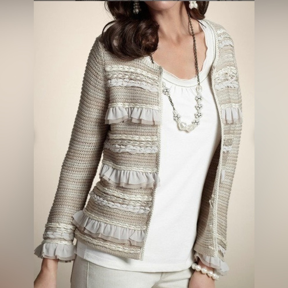 Chico’s Ravishing Ruffles Cardigan Sweater Feminine Sophisticated Size‎ Small